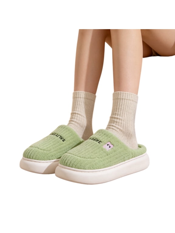 Cloud Sole Mules for Women, Ribbed Plush Winter House Slippers for Women, Cute Cartoon Warm Fall Shoes Slip On Comfy Indoor Slippers