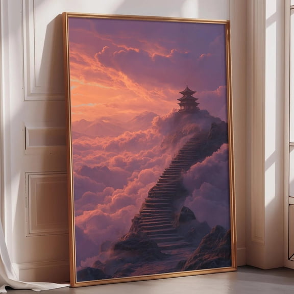 Cloud Staircase Pagoda Wall Art Print, Asian Fantasy Temple Landscape Poster, Chinese Inspired Sky Temple Art, Japandi Zen Decor, Poster Only