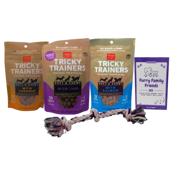 Cloud Star Tricky Trainers Grain-Free Soft Chewy Dog Treats Variety 3-Pack with Rope Toy, MerlinsMart Zine