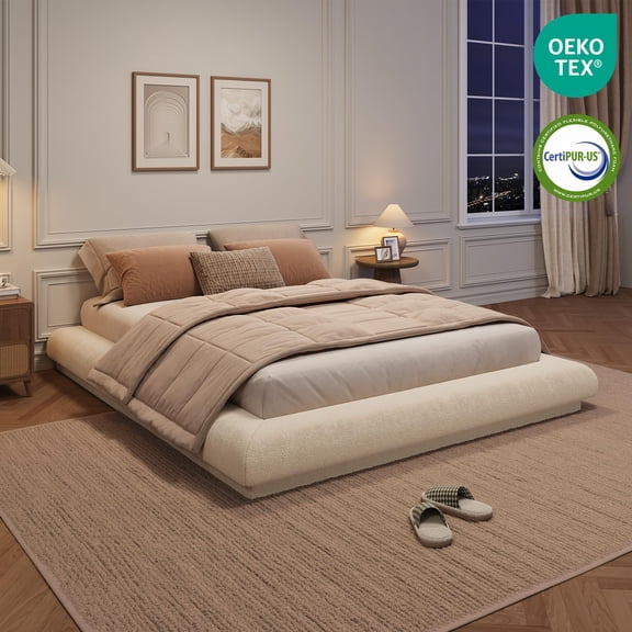 Cloud-Style Floating Upholstered Platform Bed Frame - Low Profile, Noise-Free Metal Slats, No Box Spring Needed, Easy Assembly, No Headboard - King, Neutral