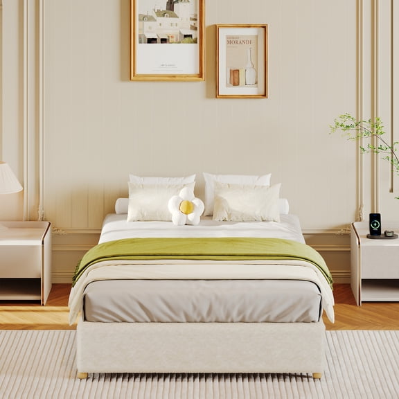 Cloud-Style Minimalist Bed Frame – Upholstered Platform with Sturdy Metal & Wood Construction, No Box Spring Needed, Easy Assembly, Silent Sleep Technology