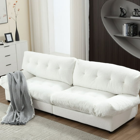 Cloud Style Sofa, Teddy Velvet Fabric, Comfy Padded Cloud Couch for Living Room, Apartment (White)
