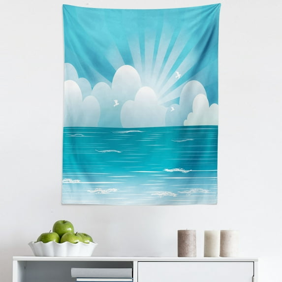 Cloud Tapestry, Calming Scene of Rising Sun and Flying Seagulls over the Ocean, Fabric Wall Hanging Decor for Bedroom Living Room Dorm, 5 Sizes, Azure Blue Pale Blue, by Ambesonne