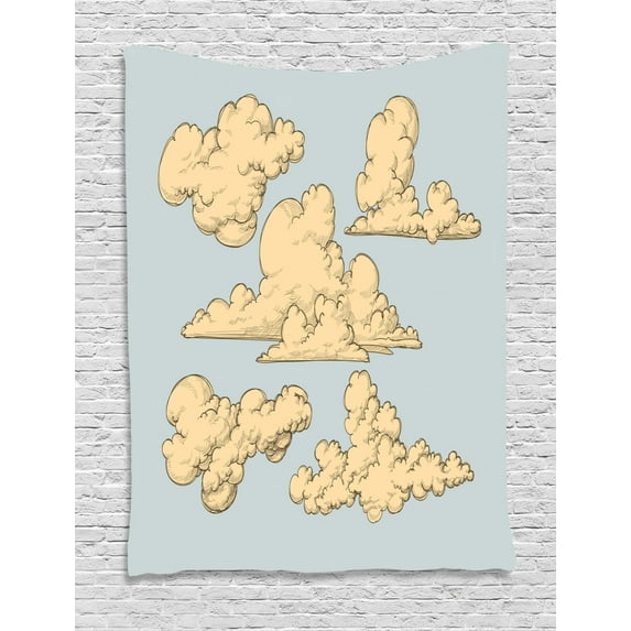 Cloud Tapestry, Vintage Style Hand-Drawn Clouds in the Open Sky Image Repeating Pattern, Wall Hanging for Bedroom Living Room Dorm Decor, 40W X 60L Inches, Beige and Blue Grey, by Ambesonne