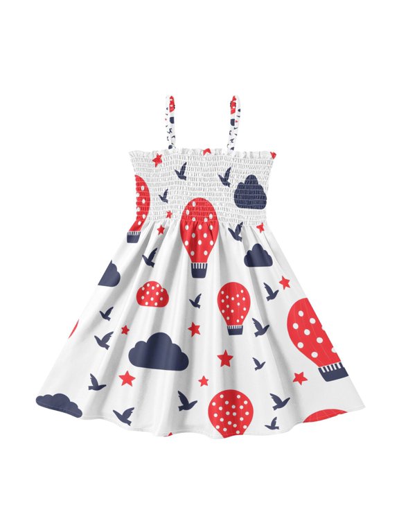 Cloud Tile Hot Air Balloon Pattern Girls' Casual Dresses 2Y-8Y Sleeveless Ruffle Neck for Summer Daily Wear