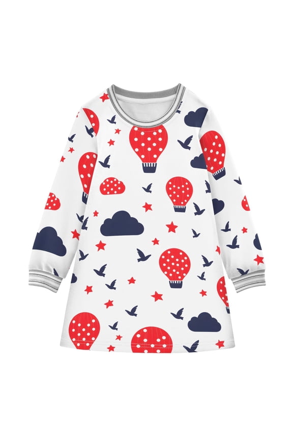 Cloud Tile Hot Air Balloon Pattern Girls'long-sleeved dress Thickened A-dress Warm Dress Basic Shirt Party Dresses