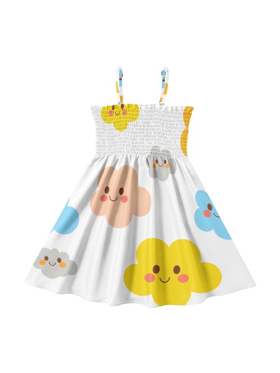 Cloud Tile White Pattern Girls' Casual Dresses 2Y-8Y Sleeveless Ruffle Neck for Summer Daily Wear