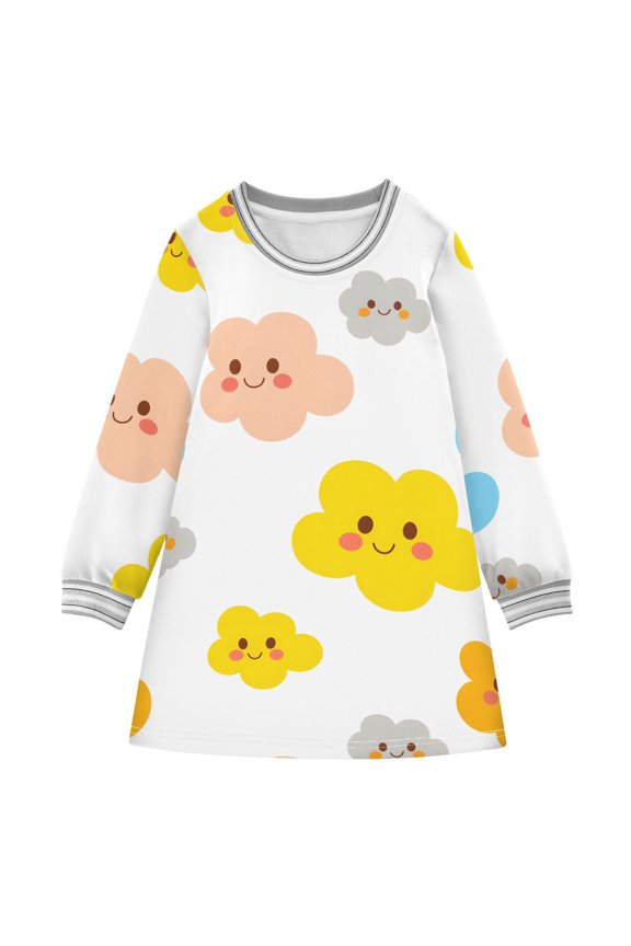 Cloud Tile White Pattern Girls'long-sleeved dress Thickened A-dress Warm Dress Basic Shirt Party Dresses