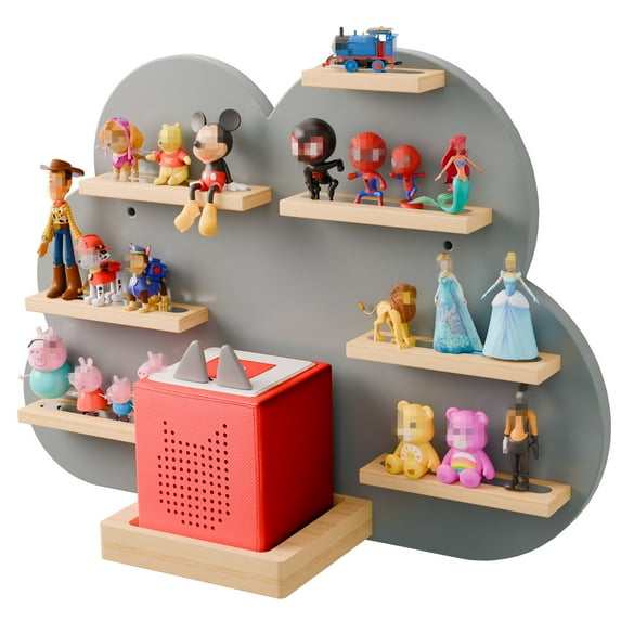 Cloud Tonie Shelf for Toniebox Storage - Unique Floating Magnetic Wall Shelf for 16-26 Tonie Figures, Beech Wood Display Tonie Shelf for Children Kids (Grey)