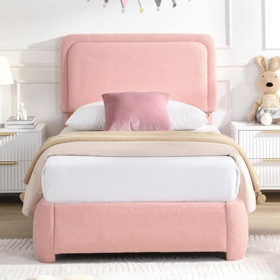 Cloud Twin Bed Frame with Adjustable Headboard, Boucle Fabric Upholstered Platform Bed, No Box Spring Needed, Easy Assembly for Bedroom, Pink