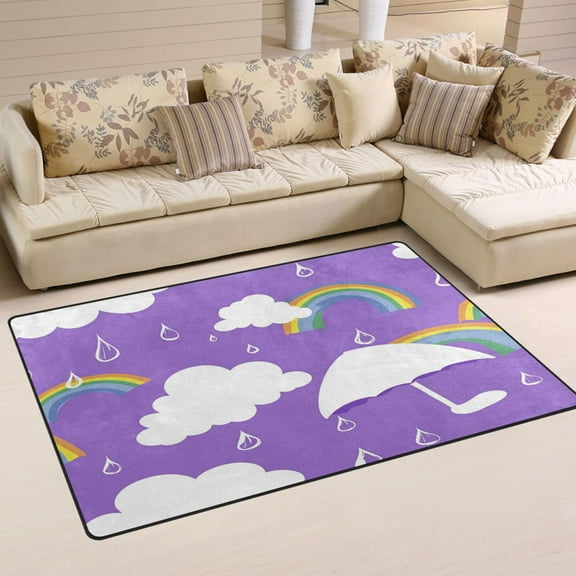 Cloud Umbrella and Rainbow Soft Polyester Area Rug 60''x39'', Non Slip, Memory Foam, Water Absorbent