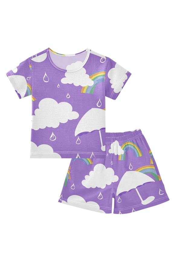 Cloud Umbrella and Rainbow Summer Pajama Set Soft Cotton Short Sleeve Sleepwear 2PCS Pajama Sets Breathable Lounge Set Size 10Y