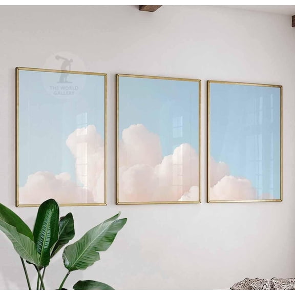 Cloud Wall Art Prints Soft Pastel Sky Minimalist Nature Inspired Living Room Set 3 Stretched Canvas 16x24