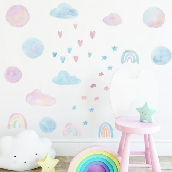 Cloud Wall Decals Removable Rainbow Cloud Wall Sticker Watercolor Star Rainbow Wall Sticker Vinyl Girls Room Decorations for Nursery Baby Kids Girl Teen Bedroom