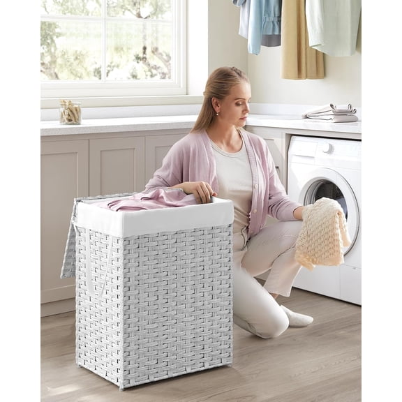 Cloud White 90L (23.8 Gal) Synthetic Rattan Laundry Hamper - Foldable with Lid, Handles & Removable Liner