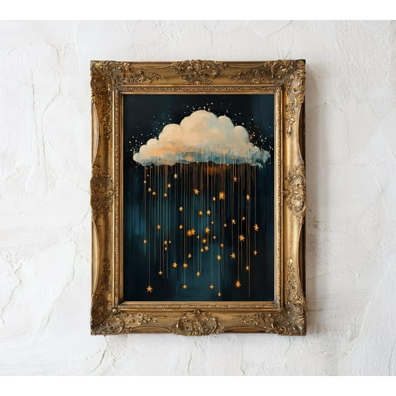 Cloud With Stars Painting, Dark Academia Moody Rain Cloud Print, Dark Blue Gold Sky Artwork, Wall Art, Modern Wall Decor, 12x18 UNFRAMED