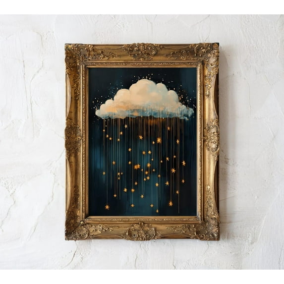 Cloud With Stars Painting, Dark Academia Moody Rain Cloud Print, Dark Blue Gold Sky Artwork, Wall Art, Modern Wall Decor, 8x12 UNFRAMED