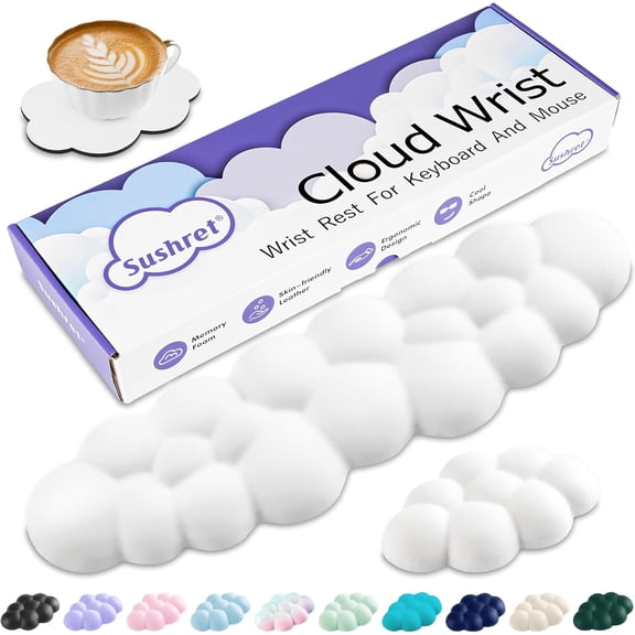Cloud Wrist Rest Keyboard, Cloud Keyboard Wrist Pad Set with PU Leather Memory Foam, Cute Arm Rest for Palm Support, PC/Gaming Desk Accessories/Office Setup/Computer Hand Cushion - White