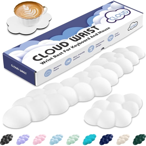 Cloud Wrist Rest for Keyboard and Mouse, Memory Foam PU Leather Keyboard Wrist Rest with Ergonomic Support, Non-Slip Base, Cute Arm Rest Pad & Palm Cushion, Office Desk Accessory, White