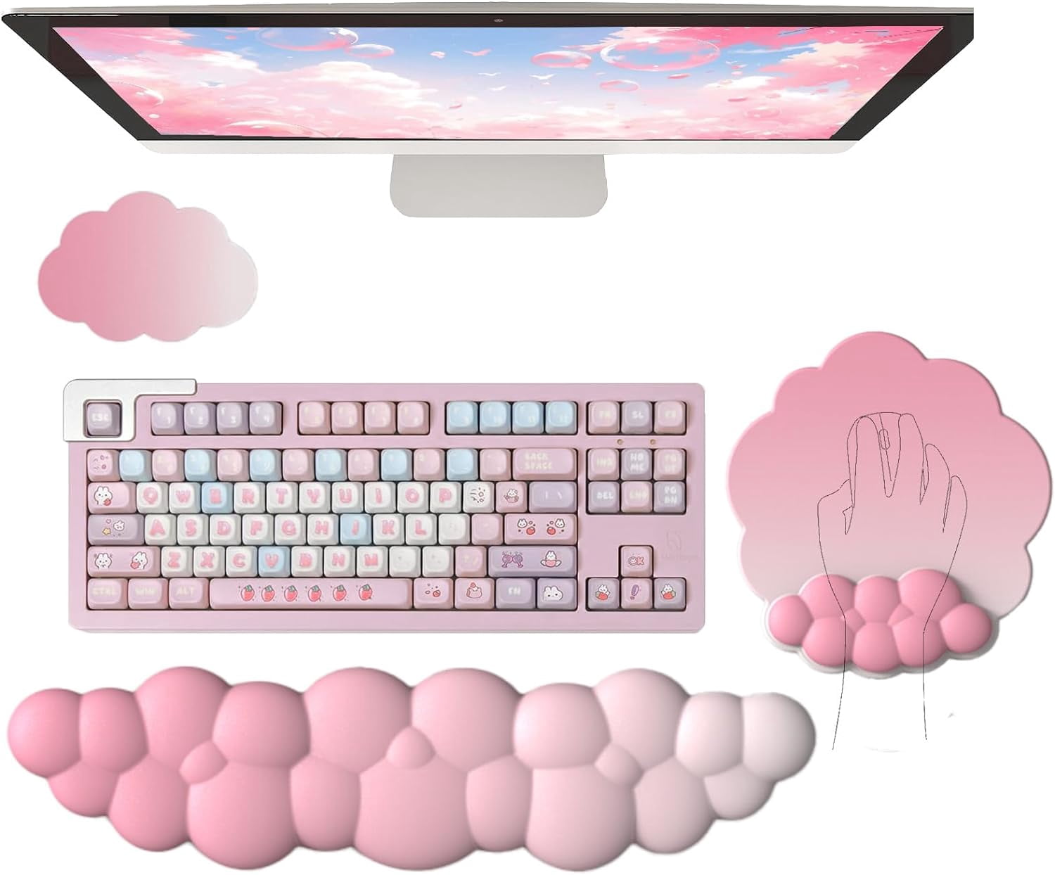 Cloud Wrist Rest Keyboard Pink Mouse Pad Set with Ergonomic Memory Foam Non-Slip Base Cute Gradient Support for Computer Laptop Gaming Home Office Relief Typing Pain