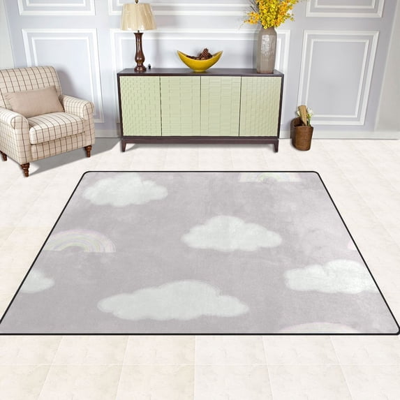 Cloud and Rainbow Pattern 63''x48'' Plush Memory Foam Bath Mat, Soft, Absorbent, Non Slip, Durable