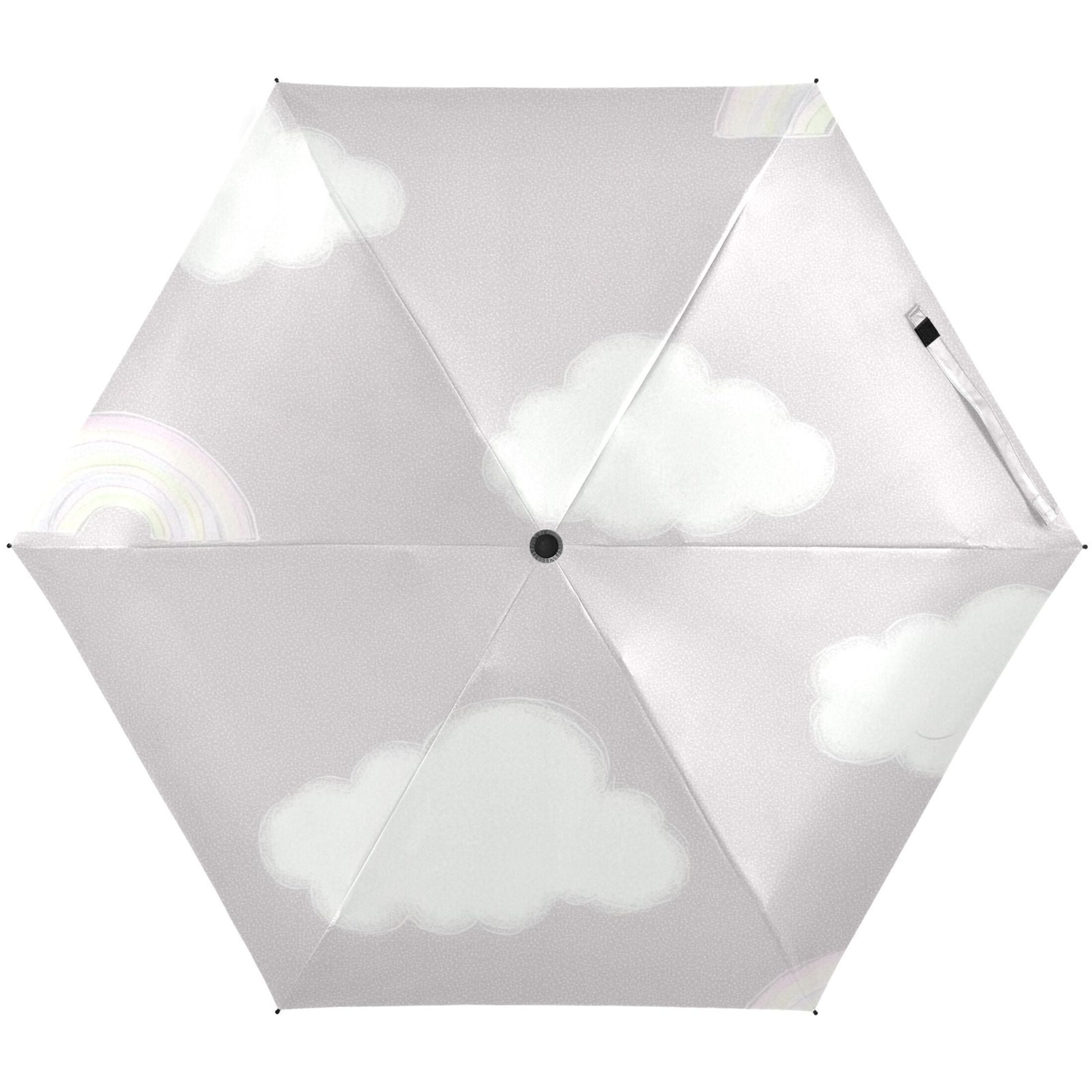 Cloud and Rainbow Pattern Umbrellas for Sun Auto Open Close UV50+ Waterproof 5-Fold Compact Fiberglass Frame