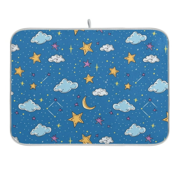Cloud and Star Dish Drying Mat 16x18 Absorbent Microfiber Draining Rack Pad for Kitchen Counter Sink