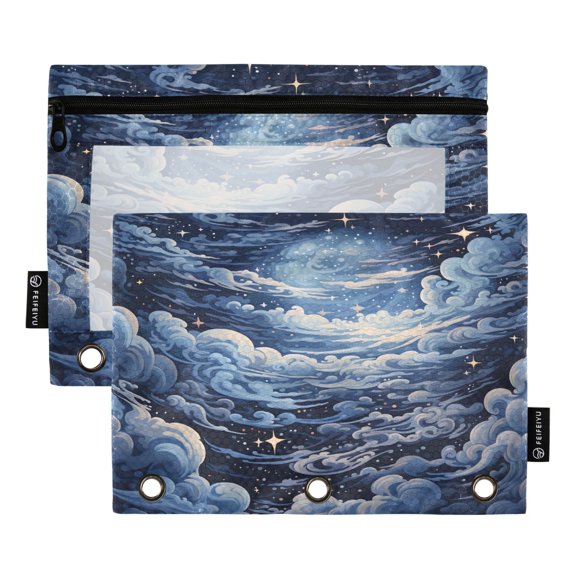 Cloud and Stars 2 Pack Pencil Pouch for 3 Ring Binder Smooth Zipper Folders with Pockets Clear Window Pencil Case