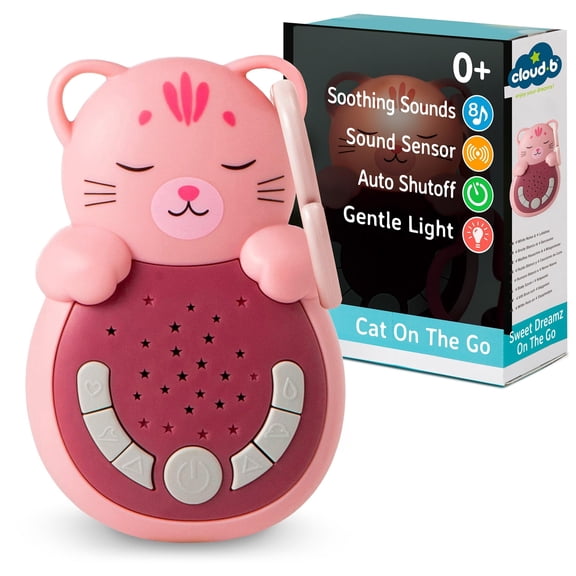 Cloud b Travel Comforting Sound Machine w/Calming Light | 4 White Noise and 4 Lullabies | Re-Activating Smart Sensor | Sweet Dreamz On The Go - Cat