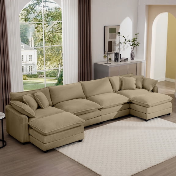 Cloud - like Comfy Soft Upholstered 4 Seater Modular Sofas with 2 Ottomans, 4-Seat U Shape Corduroy Fabric Sofa, Corduroy Fabirc (Tan)