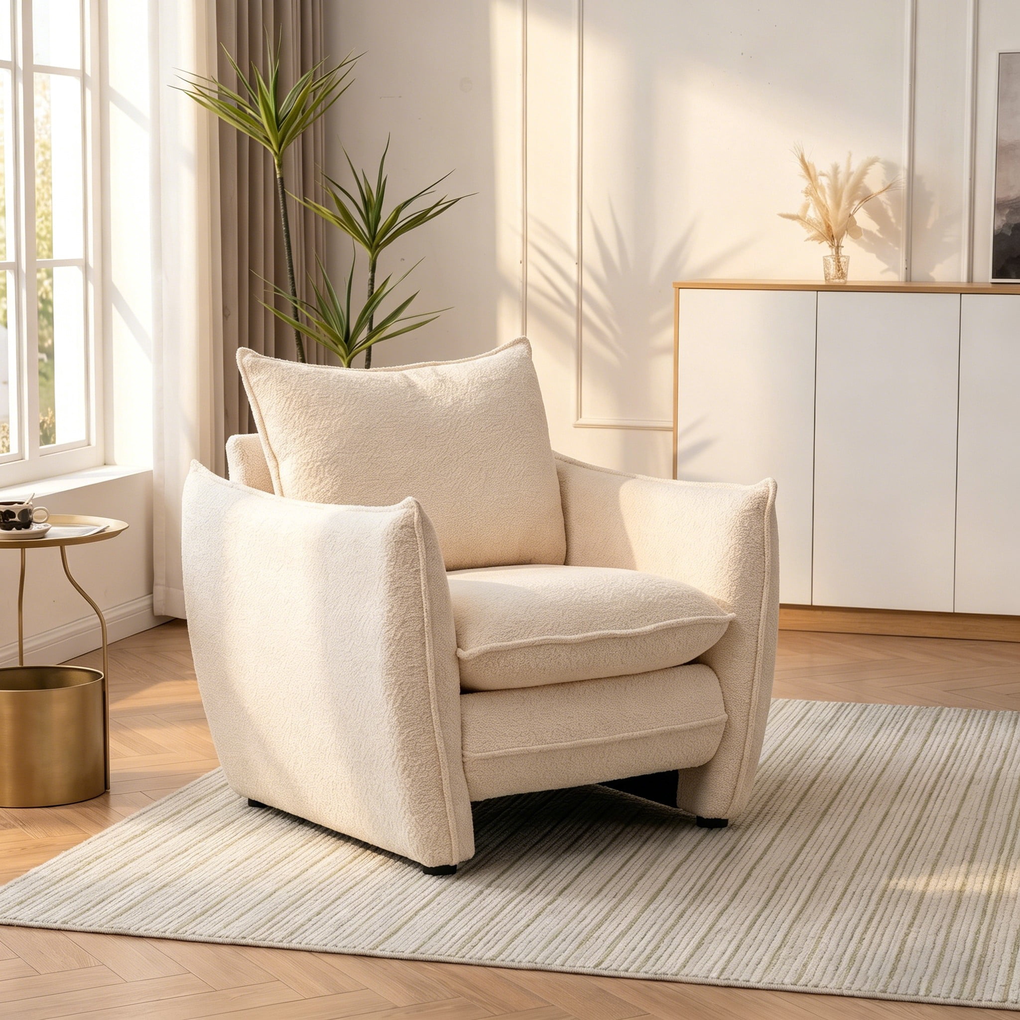 ENYLAY Modern Beige Cloud Chair, Plush Upholstered Sofa Chair, Comfy Single Armchair with Removable Cushions for Living Room, Bedroom, Office