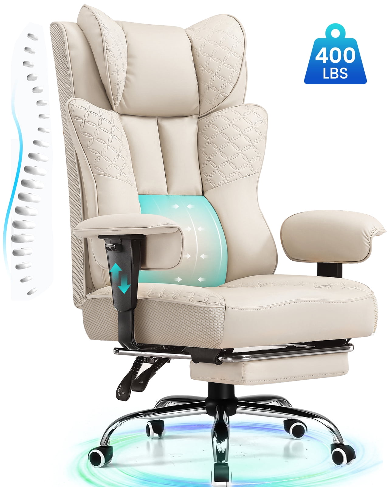 CloudRest Pro 400lbs Executive heavy duty office chair, High Back Ergonomic Computer Desk Chairwith Lumbar Back Support,Beige