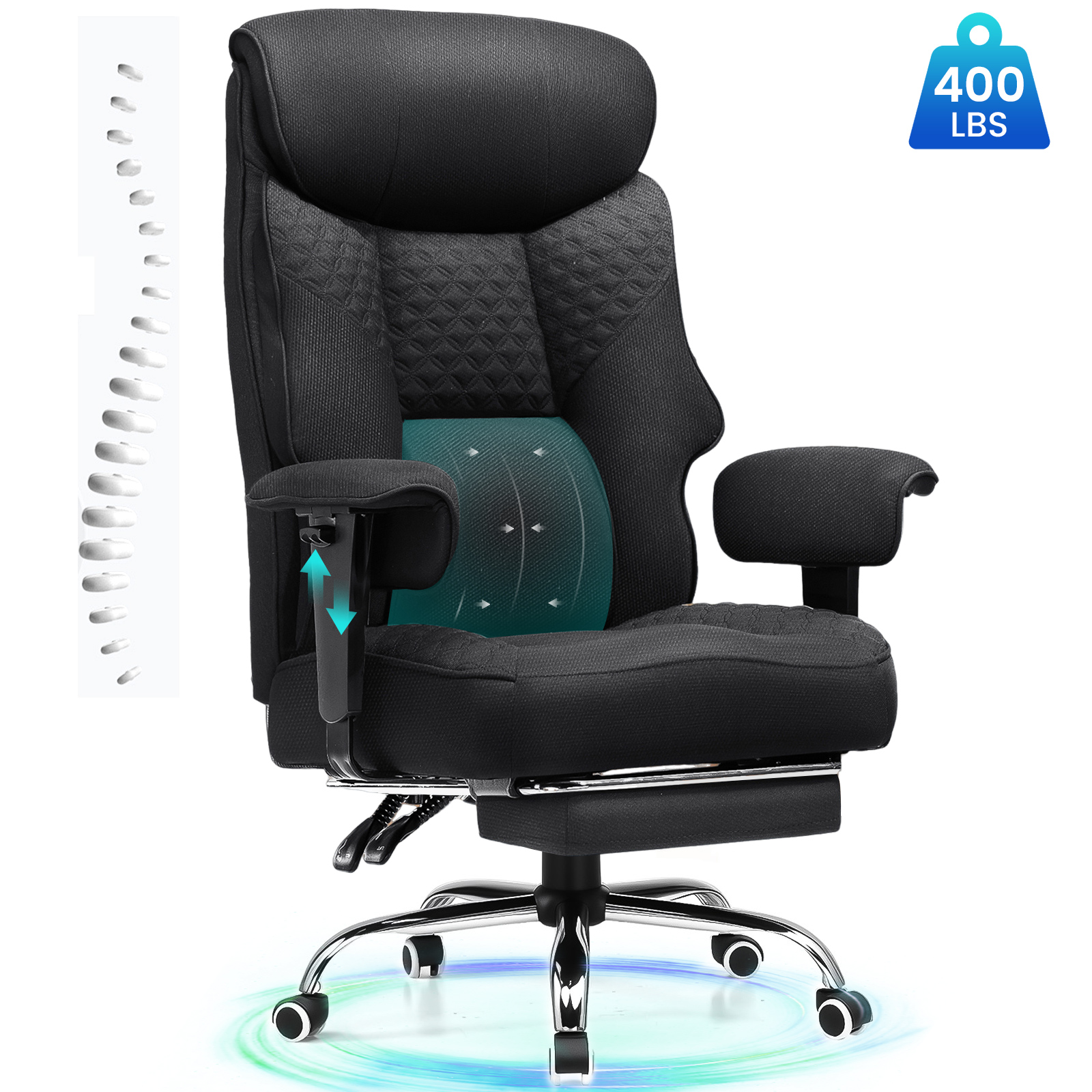 CloudRest Pro 400lbs Executive heavy duty office chair, High Back Ergonomic Computer Desk Chairwith Lumbar Back Support, Black