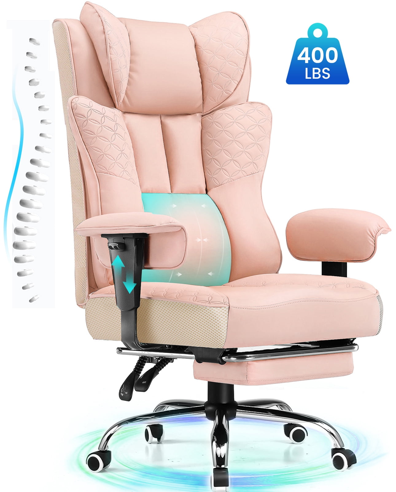 CloudRest Pro 400lbs Executive heavy duty office chair, High Back Ergonomic Computer Desk Chairwith Lumbar Back Support, Pink