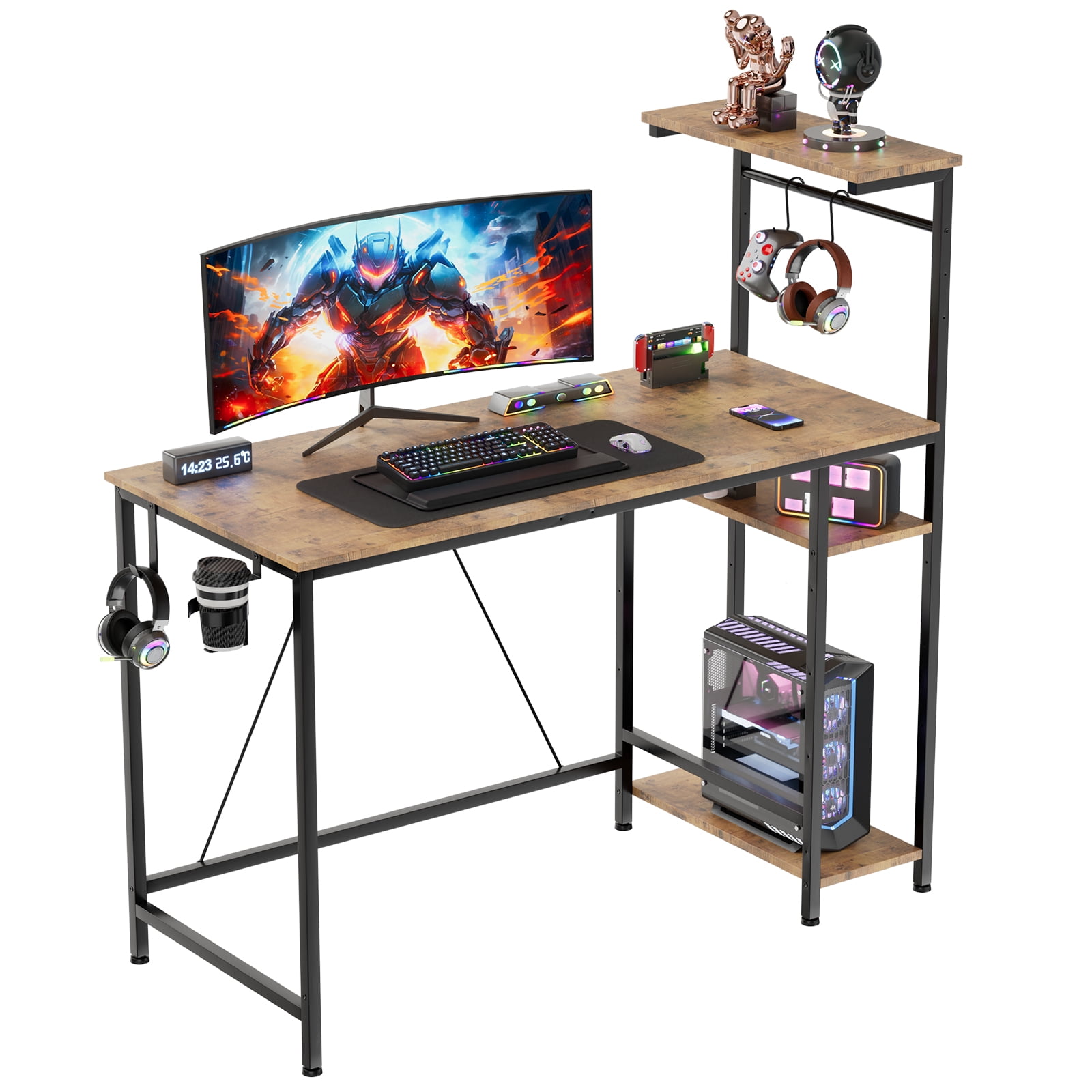 CloudRest Pro 44 Inch Gaming Desk with RGB LED Lights, Reversible Computer Desk with 4-Tier Storage Shelves, Cup Holder and Headphone Hook, Rustic Brown