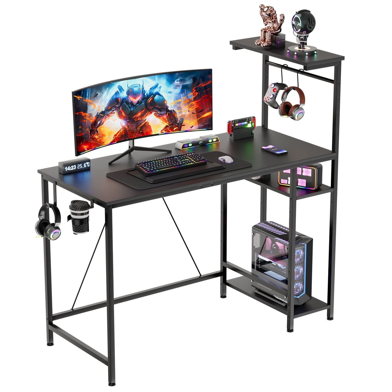 CloudRest Pro 44 Inch Gaming Desk with RGB LED Lights, Reversible Computer Desk with 4-Tier Storage Shelves, Cup Holder and Headphone Hook, Black