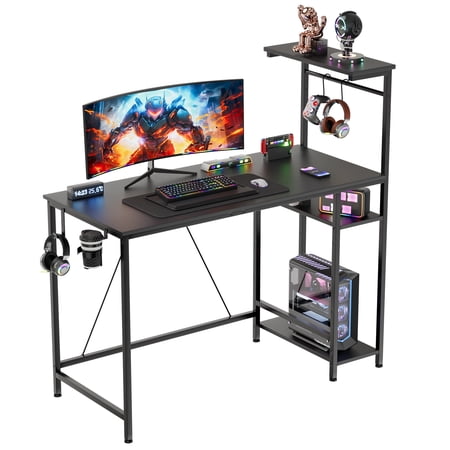 CloudRest Pro 44 Inch Gaming Desk with RGB LED Lights, Reversible Computer Desk with 4-Tier Storage Shelves, Cup Holder and Headphone Hook, Black
