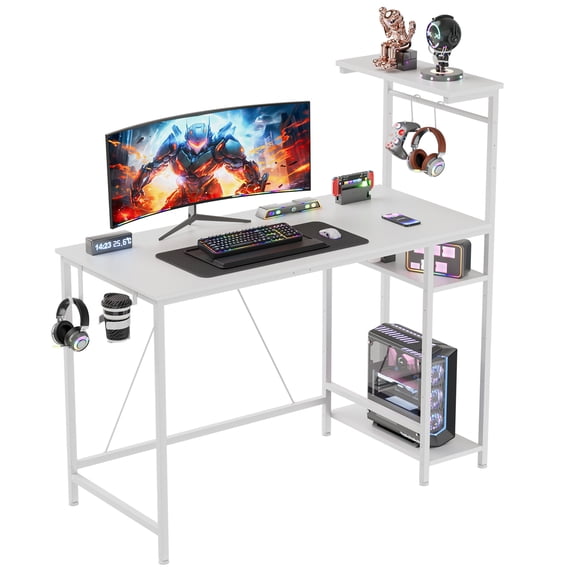 CloudRest Pro 44 Inch Gaming Desk with RGB LED Lights, Reversible Computer Desk with 4-Tier Storage Shelves, Cup Holder and Headphone Hook, White