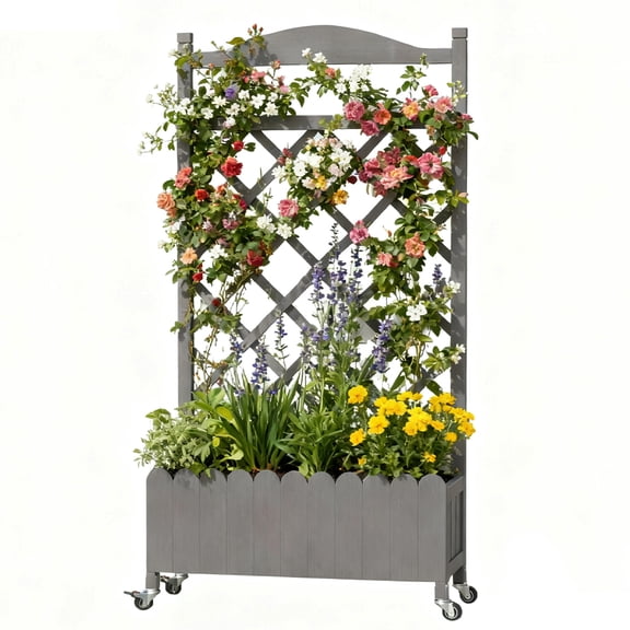 CloudRest Pro 48“ Raised Garden Bed with Trellis for Climbing Plants,Mobile Planter Box with Drainage Holes (Extra Wheels)