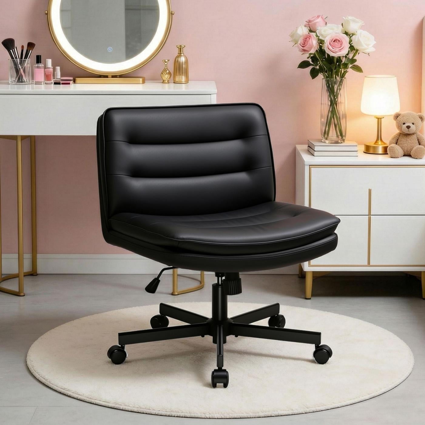 CloudRest Pro Armless Office Desk Chair, Criss Cross Swivel Chair with Wheels, Wide Seat Adult Vanity Chair for Home Office , Black