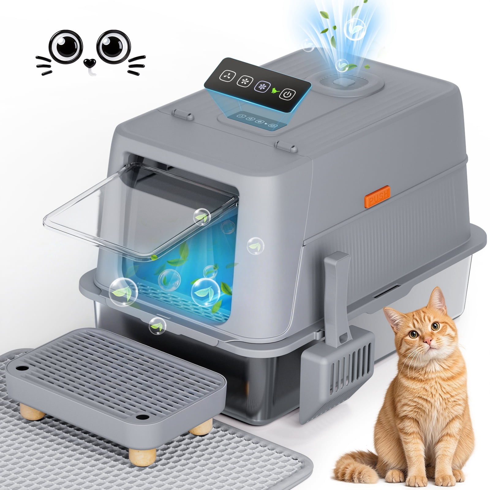 CloudRest Pro Enclosed Stainless Steel Cat Litter Box with Lid, Fresh Air Deodorization System,Pedal,Scoop,Stickers for Indoor Cats Easy to Clean（with No.1 Cartoon Sticker）