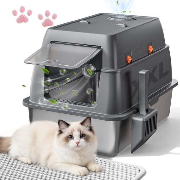 CloudRest Pro Enclosed Stainless Steel Cat Litter Box with Lid, Litter Scoop, Odor-Control Kitty Litter Tray with Scratcher for Small to Medium Catswith No.3 Cartoon Sticker