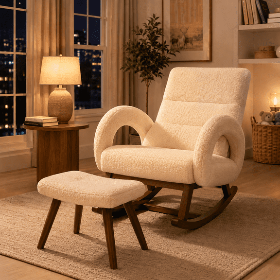 CloudRest Pro Extra Wide Nursery Rocking Chair with Ottoman, 23.6" Deep Seat Oversized Teddy Glider Rocker, Upholstered Lounge Chair with Thickened Cushion for Adults, Beige