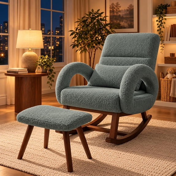 CloudRest Pro Extra Wide Nursery Rocking Chair with Ottoman, 23.6" Deep Seat Oversized Teddy Glider Rocker, Upholstered Lounge Chair with Thickened Cushion for Adults, Green