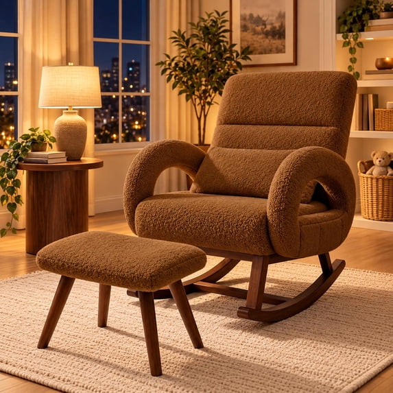 CloudRest Pro Extra Wide Nursery Rocking Chair with Ottoman, 23.6" Deep Seat Oversized Teddy Glider Rocker, Upholstered Lounge Chair with Thickened Cushion for Adults, Brown