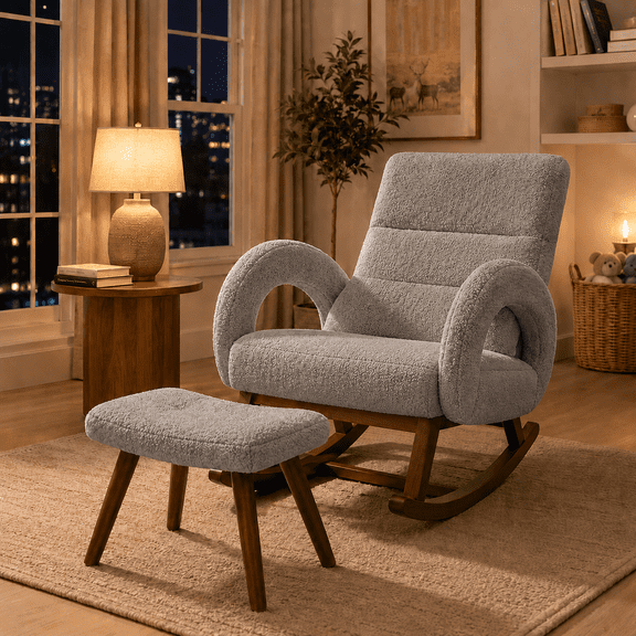 CloudRest Pro Extra Wide Nursery Rocking Chair with Ottoman, 23.6" Deep Seat Oversized Teddy Glider Rocker, Upholstered Lounge Chair with Thickened Cushion for Adults, Grey