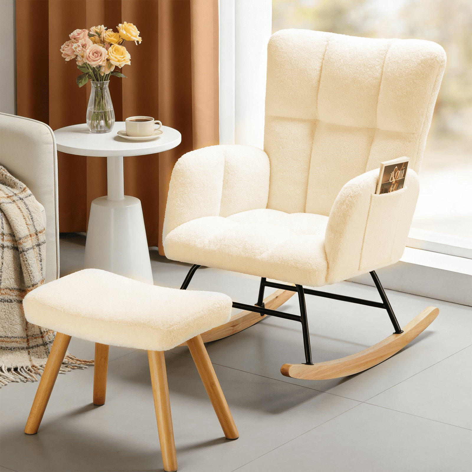 CloudRest Pro Nursery Rocking Chair with Ottoman, Cozy Accent Chair for Nursery/Bedroom/Living Room, Beige