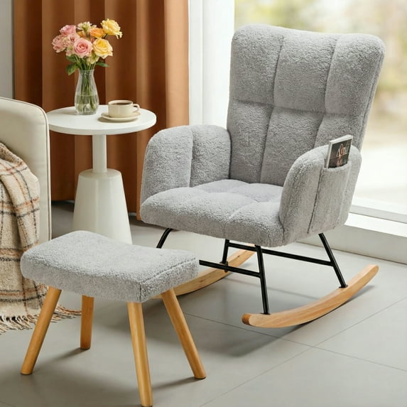 CloudRest Pro Oversized Nursery Rocking Chair with Ottoman, Cozy Accent Chair for Nursery/Bedroom/Living Room, Gray