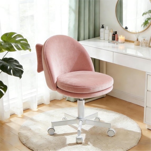 CloudRest Pro Vanity Chair with Back & Wheels, Adjustable Swivel Velvet Stool for Bedroom, Home Office, Pink