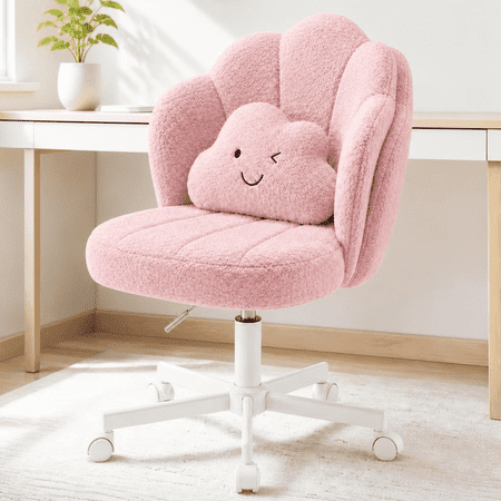 CloudRest Pro Vanity Desk Chair ,18.5" Extra Wide Seat Height Adjustable Furry Desk Chair with Cloud Pillow for Living Room & Bedroom, Pink